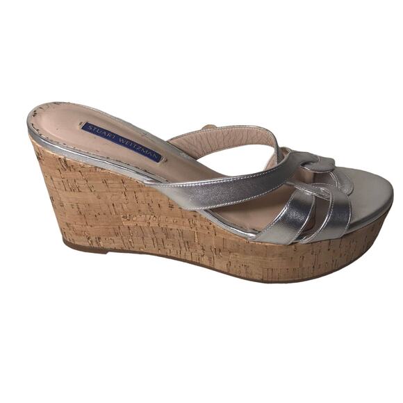 Stuart Weitzman Cadence cork 4 in Wedge Sandal EU 39.5 US 9 metallic silver - Picture 10 of 10